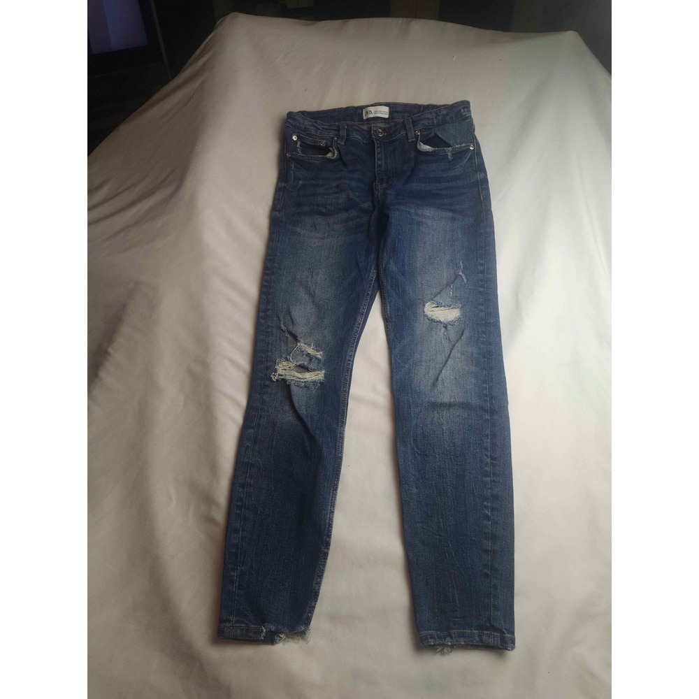 Zara Womens Distressed Slim Fit Jeans Medium Wash‎ Raw Hem Size 8